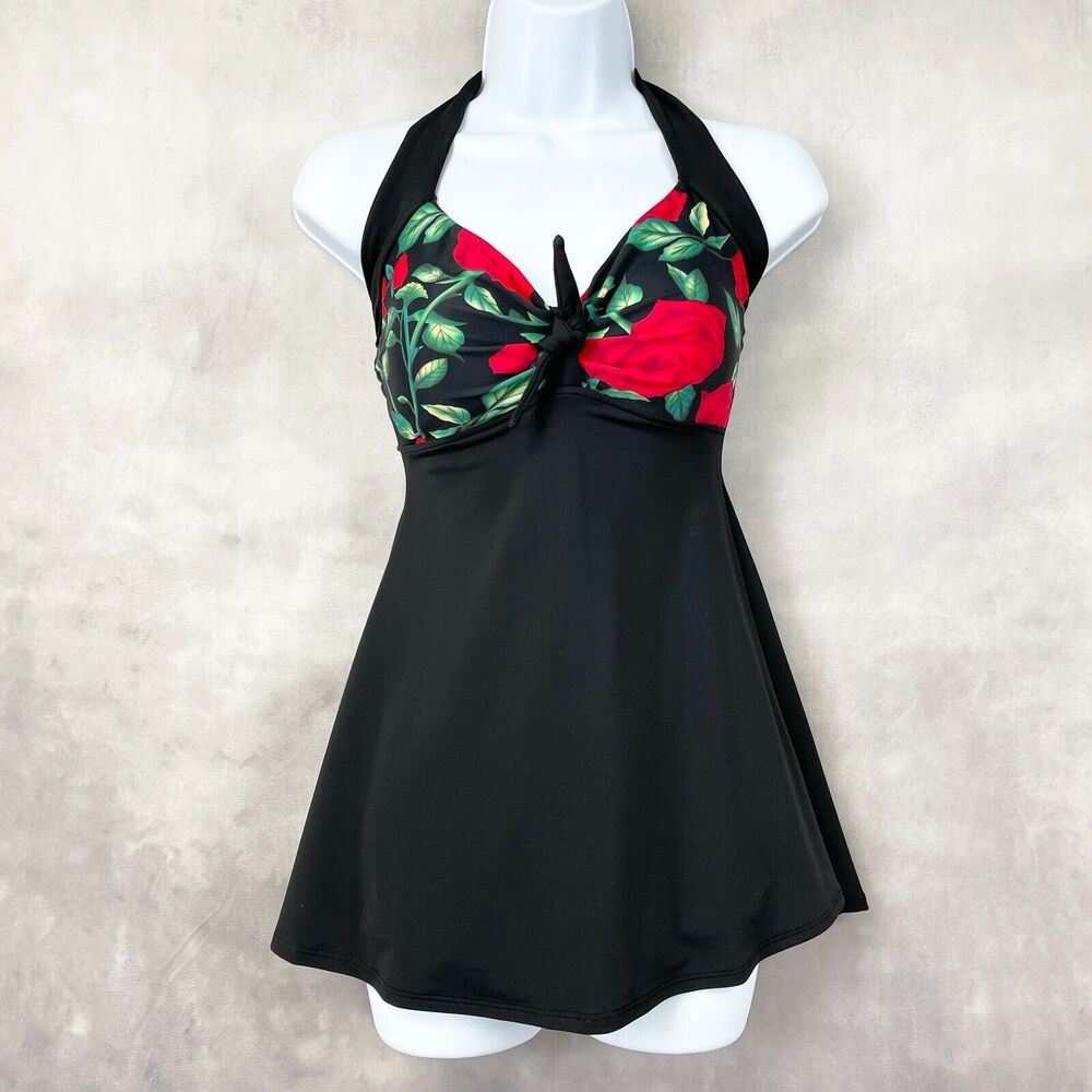 Cocoship Pinup Swimsuit Womens Small Retro‎ Sailor Skirted Roses Feminine Glam